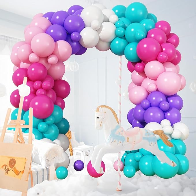 HILAVO Pink Purple Balloon Arch Kit 130 Pcs Blue Purple Pink Party Balloons Garland Pastel Hot Pink Teal Purple White Latex Balloon for Girls Mermaid Birthday Baby Shower Wedding Party Decorations