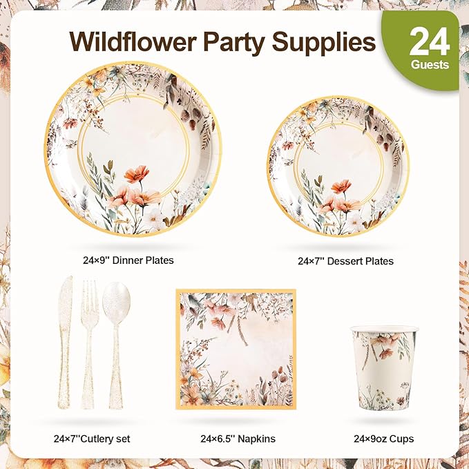 Spring Wildflower Party Decorations,Wildflower Birthday Dish Set,Disposable Plates,Floral Paper Plates and Napkins Sets for Baby Shower Birthday Bridal Shower Decorations,Serves 24