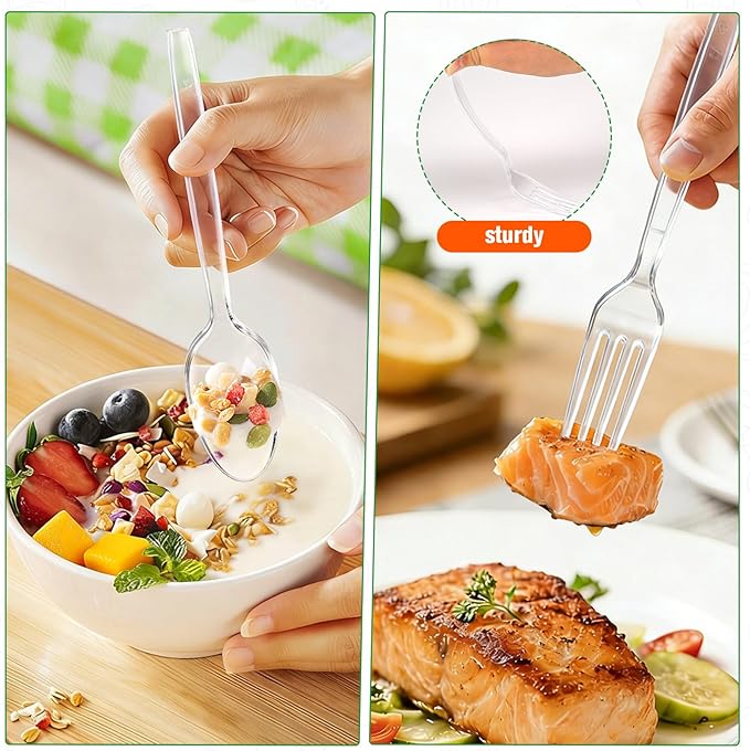 1200 Count Plastic Silverware Heavy Duty,Clear Plastic Forks and Spoons, 600 PlasticSpoons & 600 Forks,BPA-Free,Heat Resistant Disposable Cutlery Utensil Set for Catering & Events, Daily Use