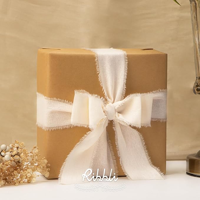 Ribbli 3 Rolls Ivory Ribbon 1.5 Inch x 18Yards Cream White Handmade Cotton Frayed Fringe Ribbons for Gift Wrapping Wedding Invites Bridal Bouquets Baby Shower DIY Crafts Home Decor