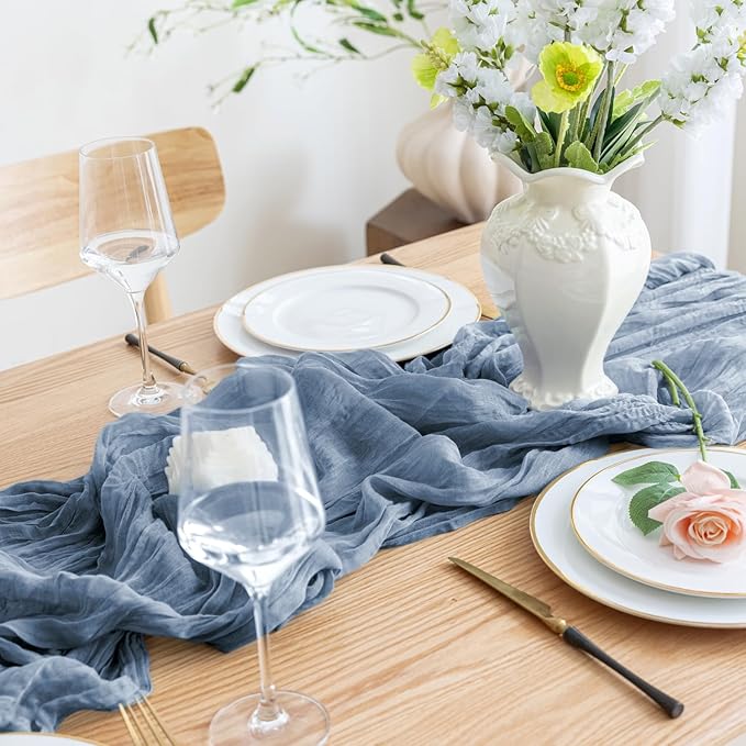 Asee'm 3pcs Cheesecloth Table Runner Spring Easter120 Inches Dusty Blue Boho Gauze Cheese Cloth Runner 10FT Rustic Sheer Table Runners for Centerpiece Wedding Baby Shower Decoration