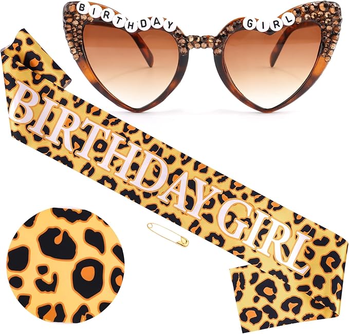 Cheetah Print Happy Birthday Decorations Set - BIRTHDAY GIRL Leopard Birthday Sash & Sunglasses, Funny Bday Decoration Accessories for Women Party Favors Supplies