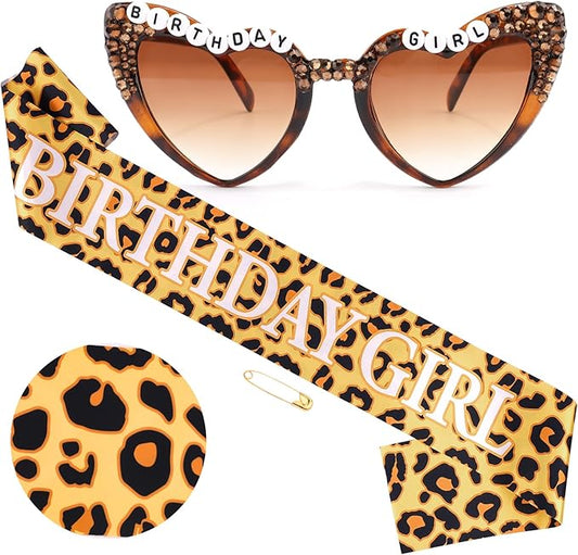 Cheetah Print Happy Birthday Decorations Set - BIRTHDAY GIRL Leopard Birthday Sash & Sunglasses, Funny Bday Decoration Accessories for Women Party Favors Supplies