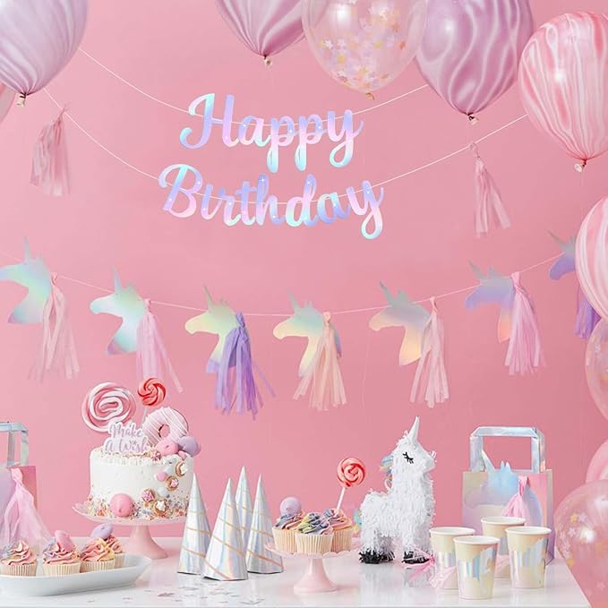 Glitter Happy Birthday Banner Sign, Rainbow Gradient Party Supplies Photo Prop Decorations for Women, Girls, Reusable Birthday Backdrop Banners, Glittering Decor for Unicorn Themed Party (Iridescent)