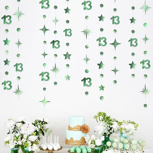 Sage Green 13th Birthday Decorations Number 13 Circle Dot Twinkle Star Garland Metallic Hanging Streamer Banner Backdrop Girls Boys 13 Years Old Birthday Thirteen Official Teenager Party Supplies
