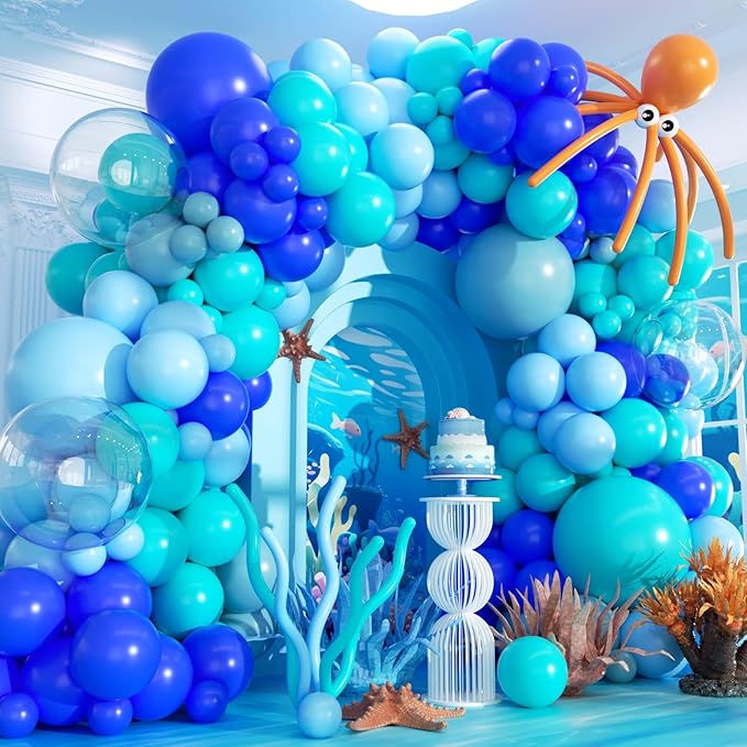 Under The Sea Balloon Arch Kit -156Pcs Blue Teal Dusty Blue Orange Long Balloon Garland Kit for Ocean Themed Under The Sea Baby Shower Ocean Animals Theme Birthday Party Decorations