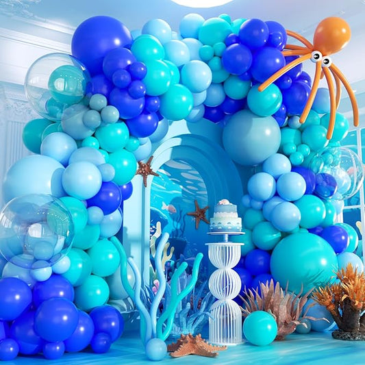 Under The Sea Balloon Arch Kit -156Pcs Blue Teal Dusty Blue Orange Long Balloon Garland Kit for Ocean Themed Under The Sea Baby Shower Ocean Animals Theme Birthday Party Decorations
