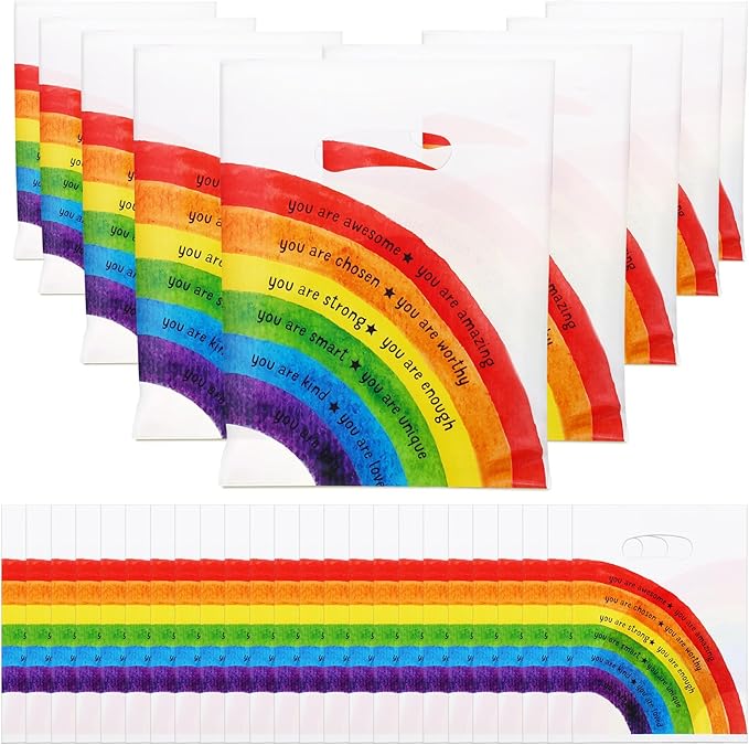 Coume 50 Sets Inspiration Quotes Treat Bags with Handles Small Plastic Party Favors Gifts Bags for Kids Students Birthday Party Gifts Favors (Rainbow Style)