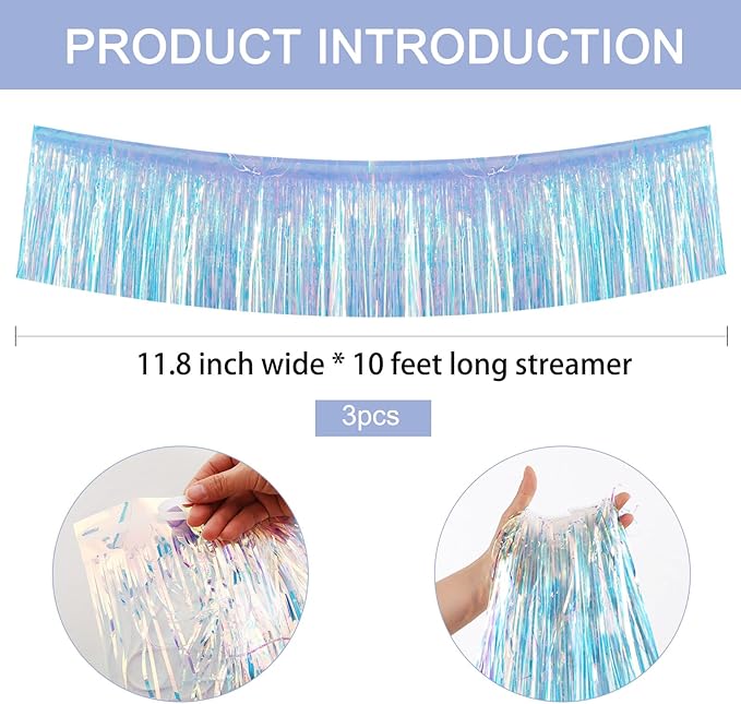 BEISHIDA 3 Packs 30 Feet Metallic Foil Fringe Garland Tinsel Streamers，Iridescent Blue Wall Hanging Tinsel Fringe Banners for Wedding Birthday Party Decoration Halloween Christmas New Year