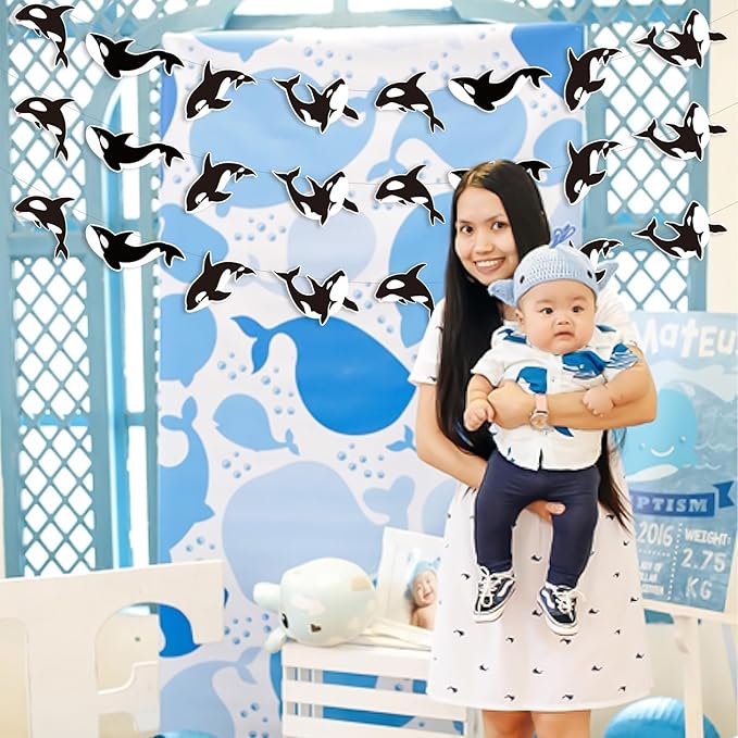 Cheereveal 3 Pack Killer Whale Garlands, Black and White Orca Hanging Banners, Whales Animals Sea Creature Ocean Under The Sea Theme Baby Shower Birthday Party Decoration Supplies