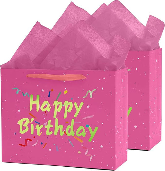 Febbleshow Pink Birthday Gift Bags with Tissue Paper - Matte Finish with Gold Foil Lettering and Confetti Design - Birthday Party Gift Bag for Men Women Kids - 13"x10.3"x4.7" (Pack of 2)