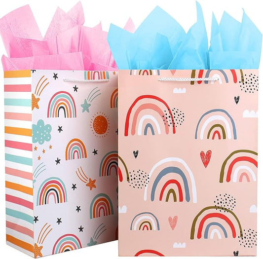 Gift Bag for Girls, Birthday Large Gift Bag Bulk Set Included 2 Pack Paper Gift Bags with Tissue Paper, Rainbow Gift Bags for Kids, Baby, The Colorful Pink Red Gift Bags with Handles, The Pretty Present Bag Gift Bags for Birthday, Party, Baby Shower (1...
