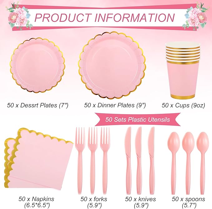 Ziliny 350 Pcs Light Pink Plates and Napkins Party Supplies for Guests Woodland Baby Shower Tableware Include Scalloped Plates Paper Napkin Cup Spoon Fork Knife for Wedding, Birthday