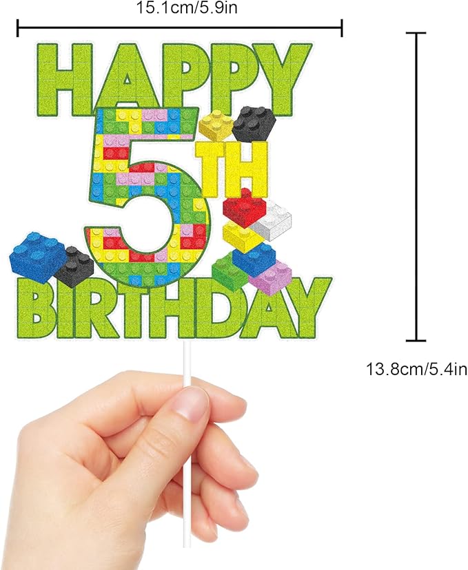 Happy 5th Birthday Building Block Cake Topper - Puzzle Games Boy's 5th Birthday Party Green Cake Topper Supplies - Building Block Party Decoration For Boy