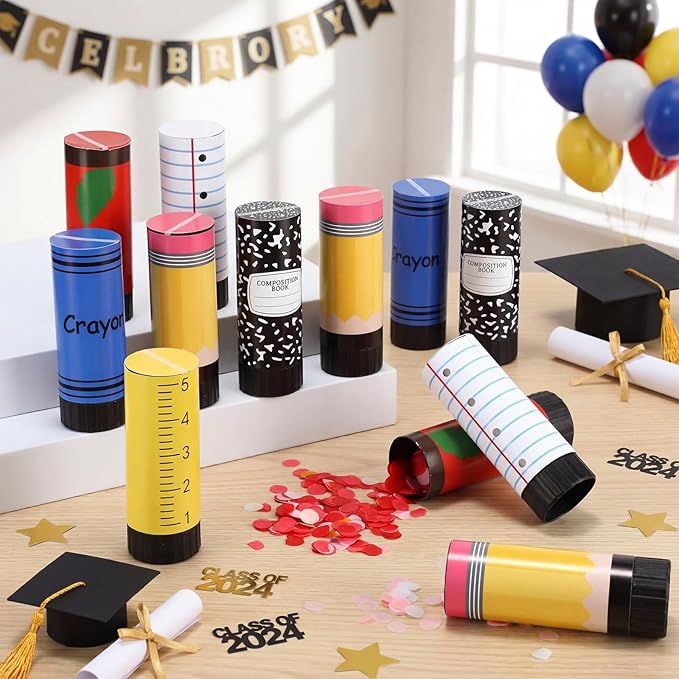 Outus Back to School Ready Confetti Cannon Colorful Paper Poppers Teacher Appeciation Gifts Celebration Pencil Crayon Ruler Apple Composition Notebook Confetti Kit Favor Decorations