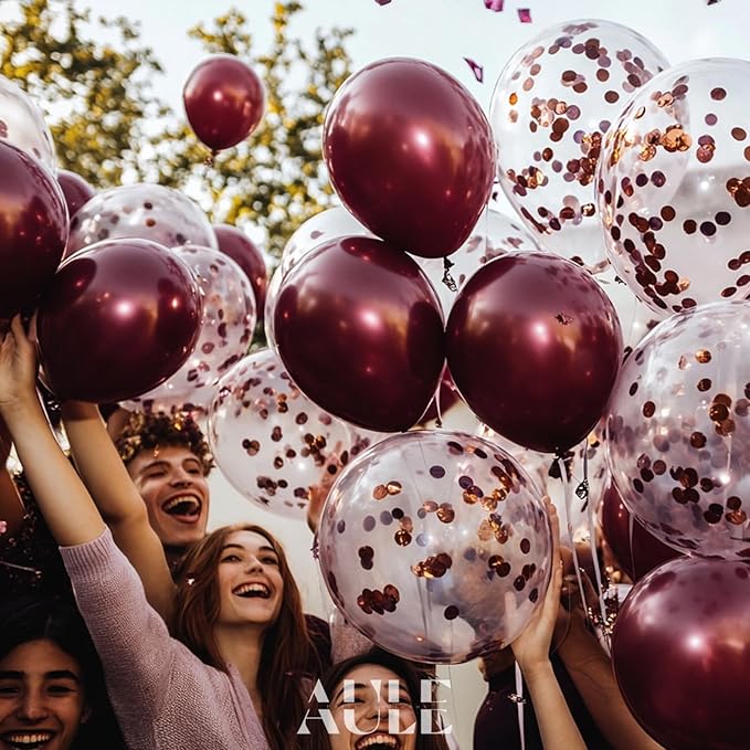 AULE Party Balloons Pack of 42 - Metallic Burgundy Balloons and Confetti Latex Helium Balloons With 64ft Ribbons - 12 Inch Mroon Chrome Balloon Decoration Set