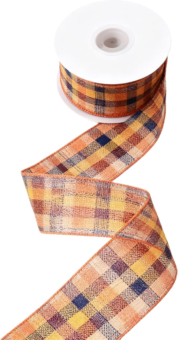 Meseey 1.5 Inch x 10 Yards Orange Plaid Wired Ribbon, Fall Buffalo Plaid Burlap Wired Edge Ribbons for Wreaths, Bows, Gift Wrapping, Thanksgiving & Halloween Decorations(Burgundy/Blue)
