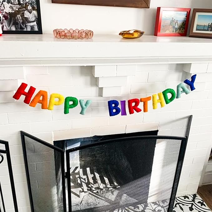 Pre-Strung Happy Birthday Banner - Felt Ball Garland, Rainbow Party Decorations, HAPPY BIRTHDAY Garland, Personalized Birthday Sign for Birthday Decor, Party Decor, Photo Prop (Rainbow Themed Happy Birthday Banner)