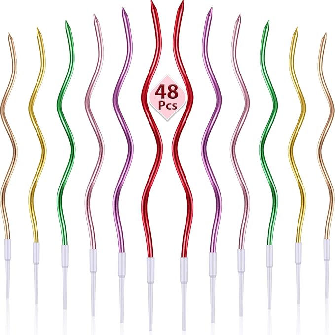 48 Pieces Twisty Birthday Spiral Cake Candles with Holders Long Thin Curly Coil Metallic Cake Cupcake Candles for Birthday Wedding Party Decoration(Metallic Colorful)