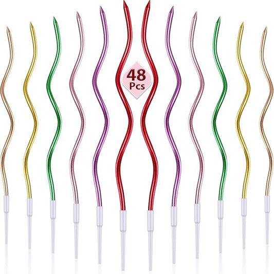 48 Pieces Twisty Birthday Spiral Cake Candles with Holders Long Thin Curly Coil Metallic Cake Cupcake Candles for Birthday Wedding Party Decoration(Metallic Colorful)