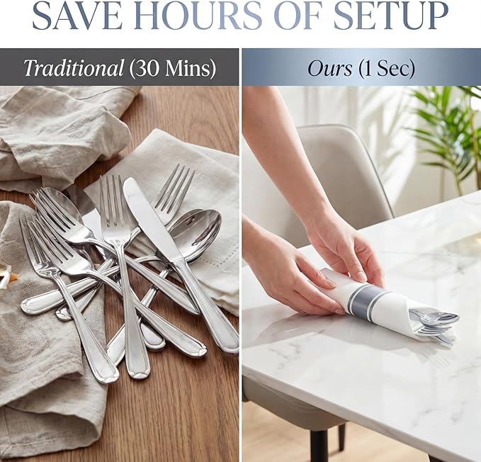 Liacere 400PCS Silver Plastic Silverware - Pre Rolled Napkins Disposable Silver Cutlery-Premium Quality Gold Plastic Utensils - Includes 100Forks,100Knives,100Spoons,100Napkins&Christmas