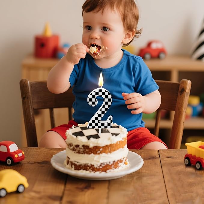 Racing Car Themed Birthday Candles, Number 2 Checkered Candles, Black & White Checkered Cake Topper, Cool Racing Themed Party Supplies, Special Candle