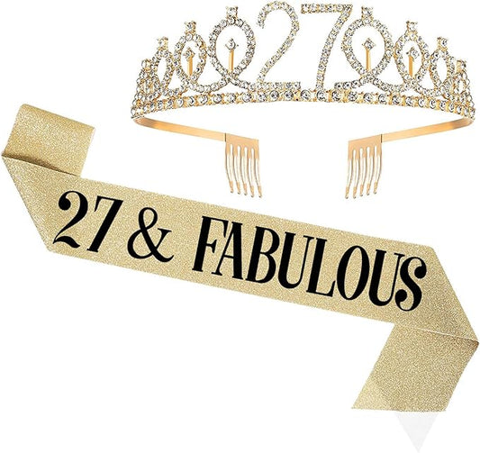 27th Birthday Sash and Tiara for Women, 27 & Fabulous Sash and Tiara Birthday Crown, Happy 27th Birthday Gifts for Queen Woman Party Favors Supplies and Decorations, Gold