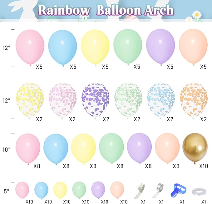 Amandir 164PCS Pastel Balloon Garland Kit, Rainbow Easter Unicorn Balloon Arch, Colorful Gold Confetti Balloons Pastel Easter Spring Baby Shower Wedding Ice Cream Mermaid Party Decorations Supplies