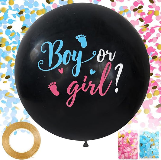 Large Gender Reveal Balloons - 2pcs 36 Inch Black Boy or Girl Balloon with Pink and Blue Confetti for Baby Shower Gender Reveal Ideas Party Decorations