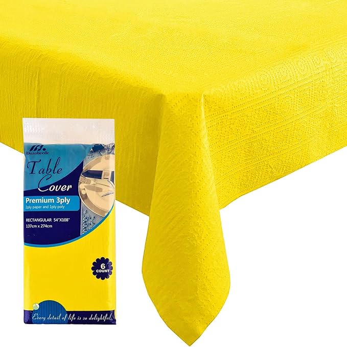[6 Pack] Yellow Paper Tablecloth Disposable for Rectangle Tables, 54 X 108 Inch Party Table Cover with Plastic Backing, Waterproof 3 Ply Table Cloth for Spring Easter Summer Garden Birthday Parties