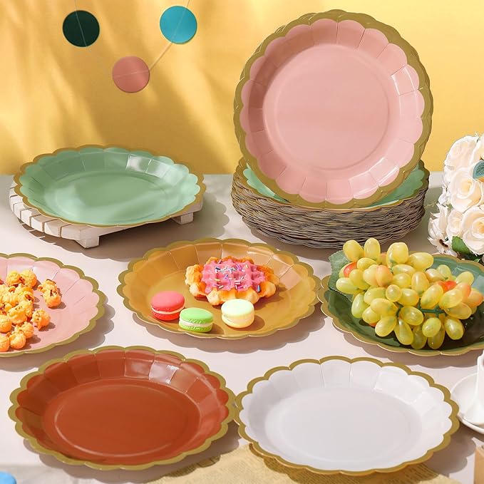 48 Pcs Colorful Paper Plates 9 Inch Boho Scalloped Paper Disposable Dinner Dessert Plates for Birthday Wedding Bridal Party Supplies, 6 Colors