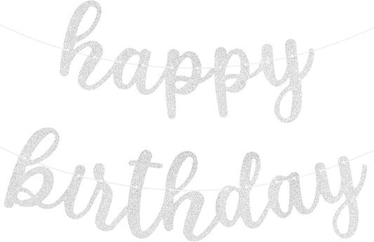 Glitter Happy Birthday Banner Sign Wall Door Banners for Women Men Boys Girls Birthday Party Backdrop Garland Decorations, Personalized Letters Name Banners Connected Silver