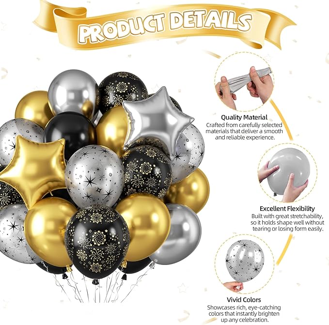 Black and Gold Balloons, Black Silver Gold Balloons, Silver Star Fireworks Printed Balloon With Star Foil Balloon For New Year Retirement Graduation Birthday Baby Shower Party Wedding Celebration