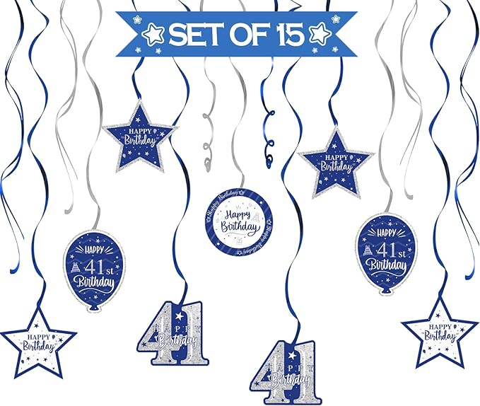 Happy 41st Birthday Blue & Silver Glitter Swirls Streamers Party Decorations - 15 Pcs 41st Birthday Hanging Swirls Streamers Kit,Perfect for 41st Bday Party Sign.