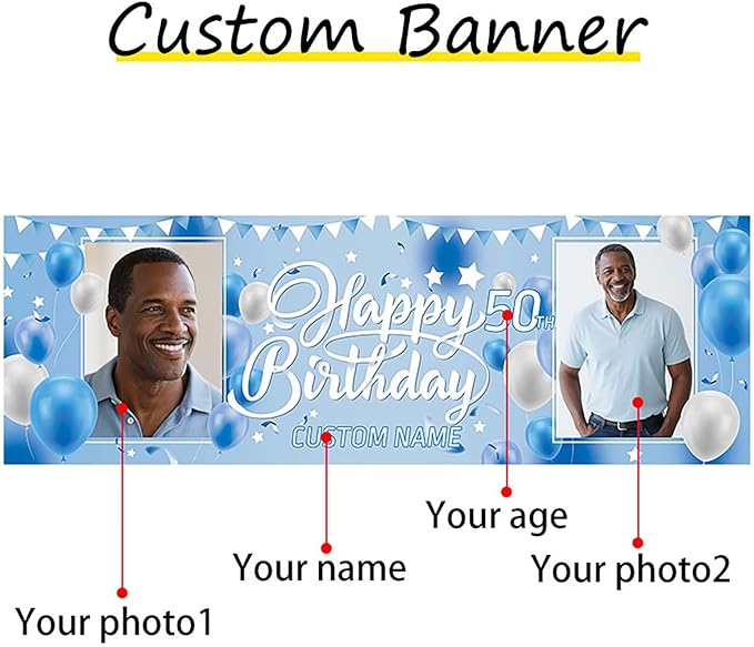 Dicodes Personalized Happy Birthday Banner with Name Custom Photos Birthday Photography Background Decorations Party Supplies for Women Men (Blue and White-2 Photo)