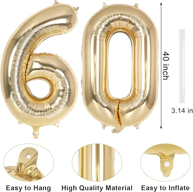 Champagne Gold Large Number 60 Balloon, 40 Inch Light Gold Foil Helium Number Balloons, Giant Mylar Number 60 Balloons for 60 Years Old Birthday Party Anniversary Decorations (Champagne Gold 60)