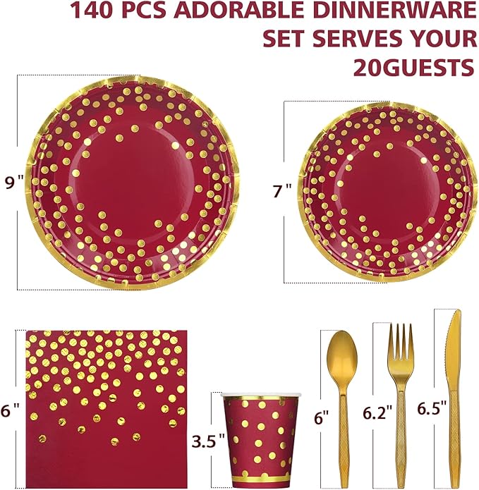 140 Pcs Burgundy & Gold Party Supplies - Gold Dot Disposable Dinnerware - Paper Plates, Napkins, Cups, Plastic Forks, Knives, Spoons for Christmas, Wedding, Graduation Decoration