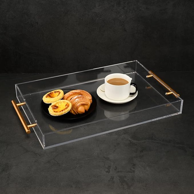 Clear Acrylic Tray with Metal Handle,No Need to Assemble-for Ottoman,Coffee Table, Breakfast, Tea, Food, Butler - Decorative Tray (12x18 Inch, Clear)