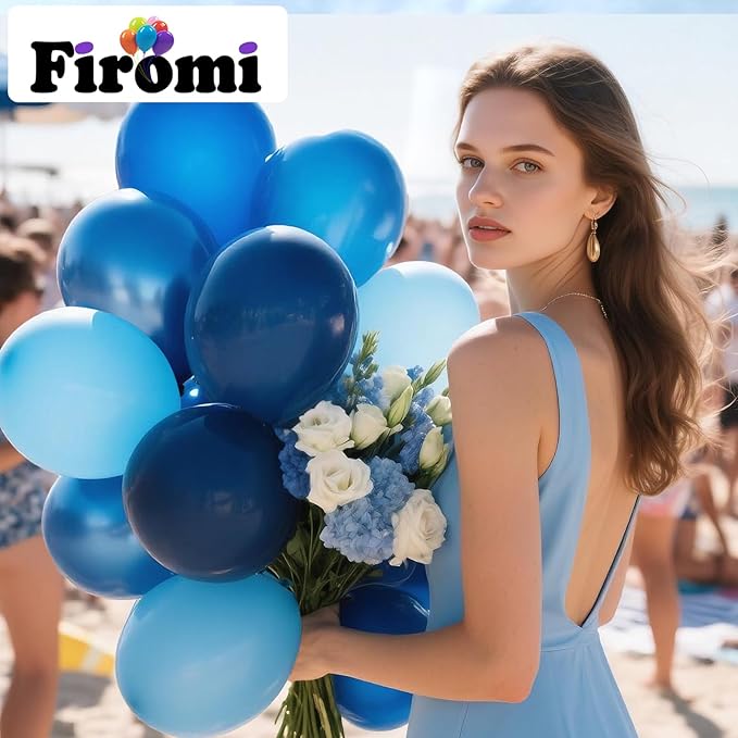 Firomi Metallic Blue Balloons Set 12-inch 70 pack Chrome Blue Latex Balloon and Navy Baby Macaron Blue Balloon for Birthday Baby Shower (with 2 Ribbons)