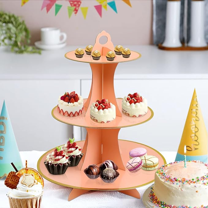 Soleebee 3-Tier Round Cupcake Stand, Cardboard Cupcake Tower, Dessert Cup Cake Stand Tower for Birthday Wedding Party Decoration, Cupcake Tier Stand 2 Set (Pink Gold)