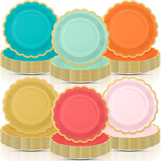 96 Pcs Colorful Coral Paper Plates 9 Inch Pastel Rainbow Scalloped Paper Plates Disposable Dinner Dessert for Birthday Wedding Bridal Party Supplies, 6 Colors