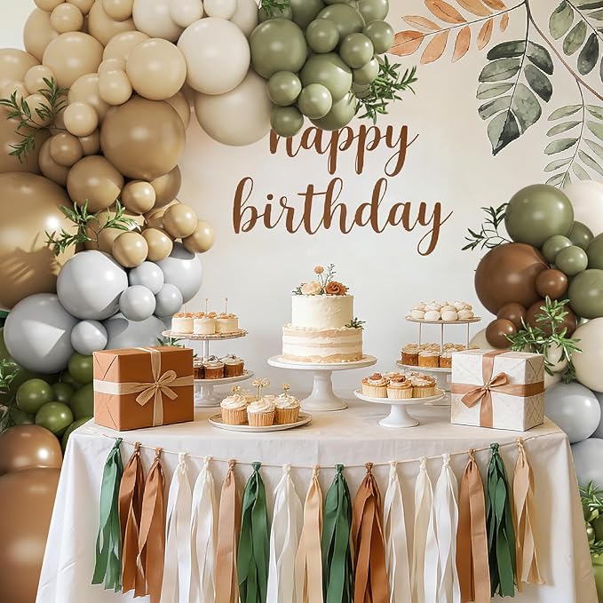 Brown Sage Green Balloon Arch Kit, 124Pcs Nude Blush Dusty Blue Sand White Olive Green for Safari Jungle Woodland Wedding Baby Shower Birthday Party Decorations