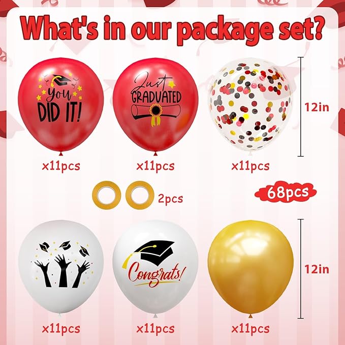 2026 Graduation Party Decorations, 68pcs Graduation Balloons Red and Gold Grad Decor for College High School Class of 2026 Congrats Grad Party Decor