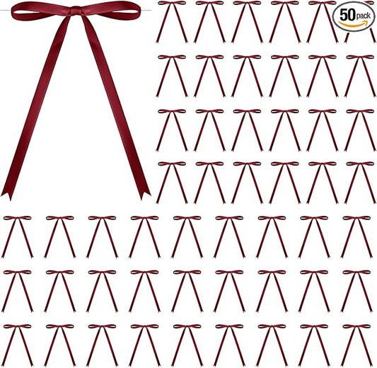 50 Pcs Satin Ribbon Bows 5x7 Inch Twist Tie Bows, Cute Wine Red Bow Decor for Gift Wrapping, Cake Treat Bags, Craft DIY Gift, Party Favors Wedding Decorations (Wine Red)