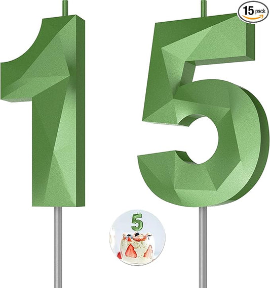 Number Birthday Candles(15 Candle Green) 3D Diamond Shape Number Happy Birthday Cake Candles for Birthday Party Wedding Decoration Reunions Theme Party