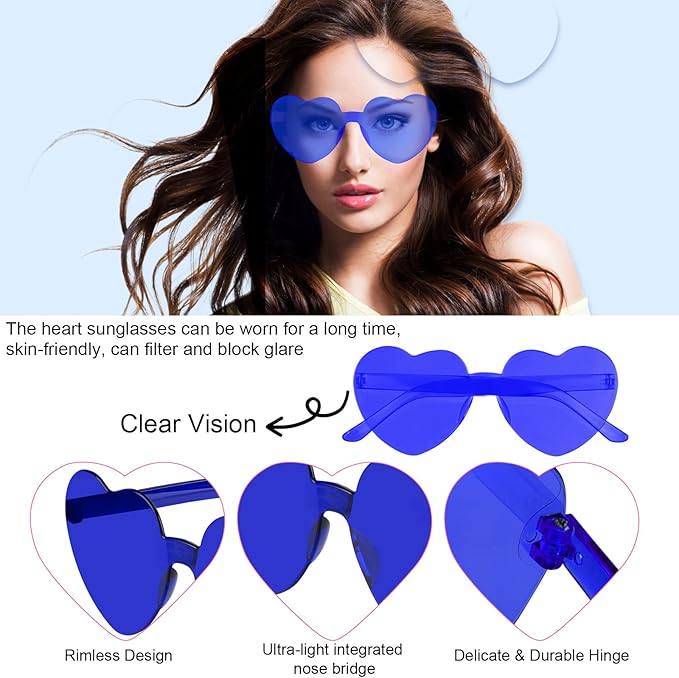 NACHLYNN 12 Pairs Navy Blue Heart Sunglasses for Women - Rimless Shaped Glasses for Party Favors