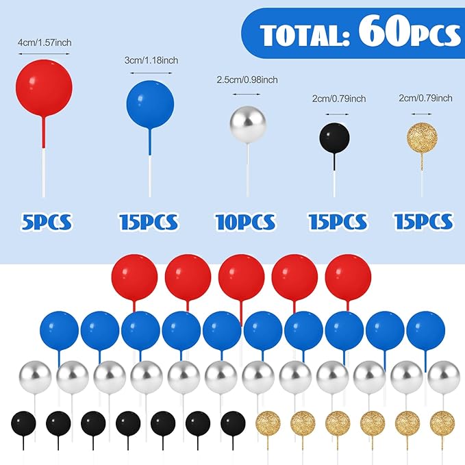 60Pcs Glitter Cake Balls Decorations Foam Cake Topper Balls Mini Balloon Cupcake Toppers for Cake Decorating Birthday Baby Shower Party (Glitter Red Blue Series)