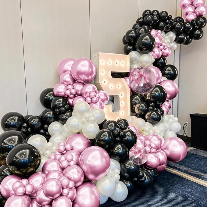 Metallic Pink Black Balloons Arch Kit, 151Pcs Black Chrome Pink and Bobo Balloons Garland 18 12 10 5 inch for Birthday Wedding Bachelorette Anniversary Halloween Christmas Party Decorations