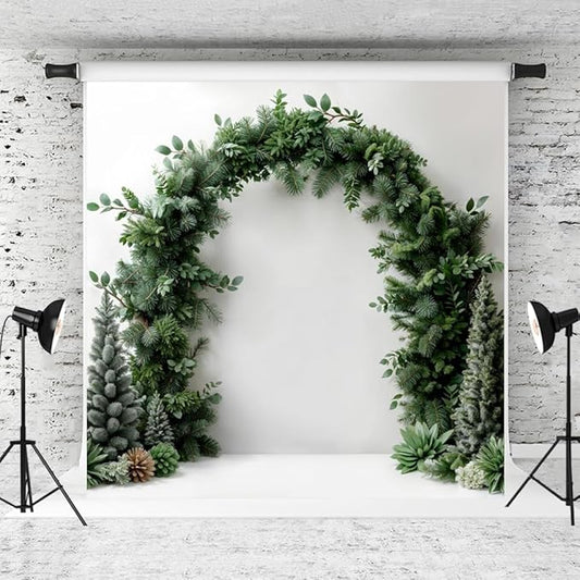 Kate Christmas Arch White Wall Backdrop Dark Green Christmas Trees Background Winter Greenery Archway Photo Background Studio Props,8x8ft