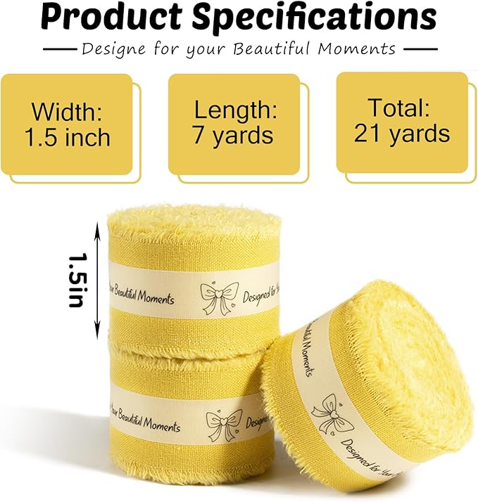 Yellow Cotton Ribbon 1-1/2 Inch Mustard Yellow 3 Rolls 21 Yards Frayed Edge Fabric Set for Wedding Decor, Bridal Bouquet Wrap, Baby Shower, Gift Wrapping & Fall Decor